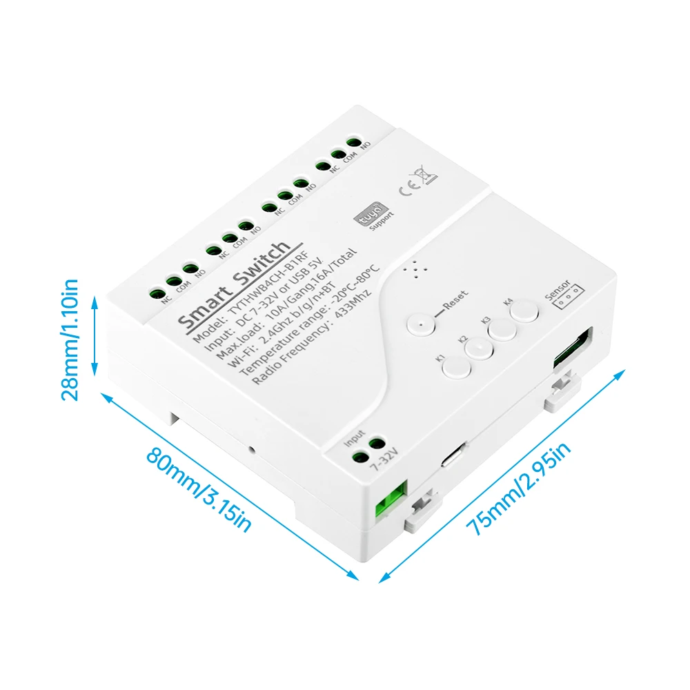 7-32V AC85-250V Tuya WiFi 4 Channel Temperature Humidity Smart Switch Smart Life APP Passive Dry Contact Module Alexa Compatible