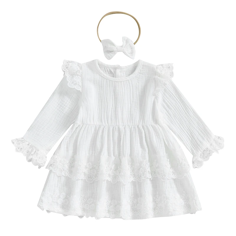 

Baby Girl Baptism Dress Long Sleeve Round Neck Lace Trim Solid Color Dress with Headband Set