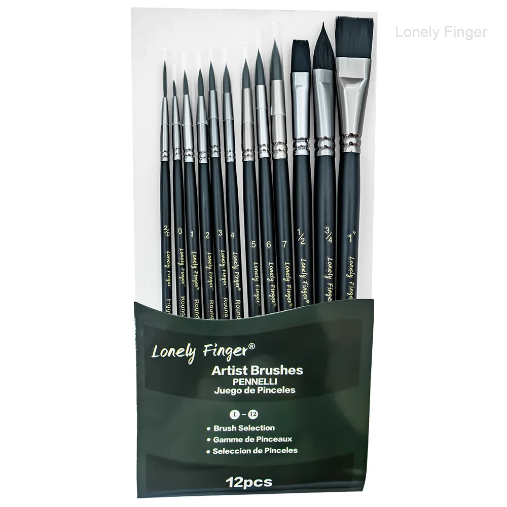 12pcs Professional Mix Artist Paint Brush Set with Flat Round Detail Brushes Assorted for Acrylic Watercolor Gouache Oil Tempera