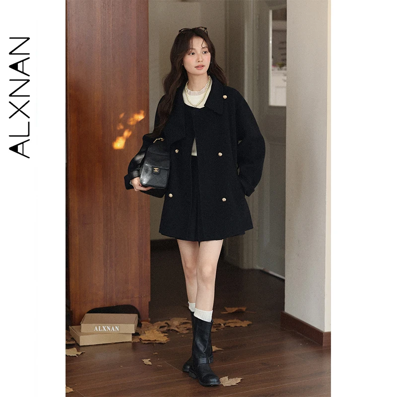 

ALXNAN черные шерстяные пальто с двубортным поясом, свободные пальто средней длины, осень-зима, новые универсальные элегантные куртки L58226