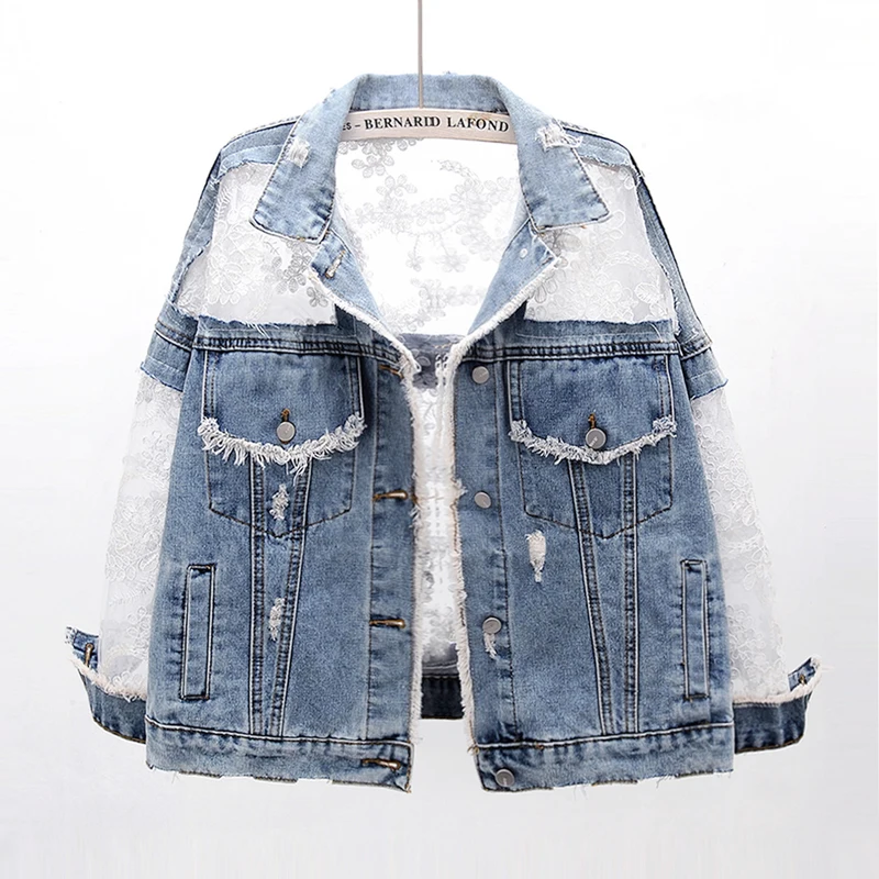 Spring Summer Women Vintage Mesh Embroidery Hole Denim Jacket Blue Short Cowboy Outwear Lapel Long Sleeve Casual Jeans Jacket