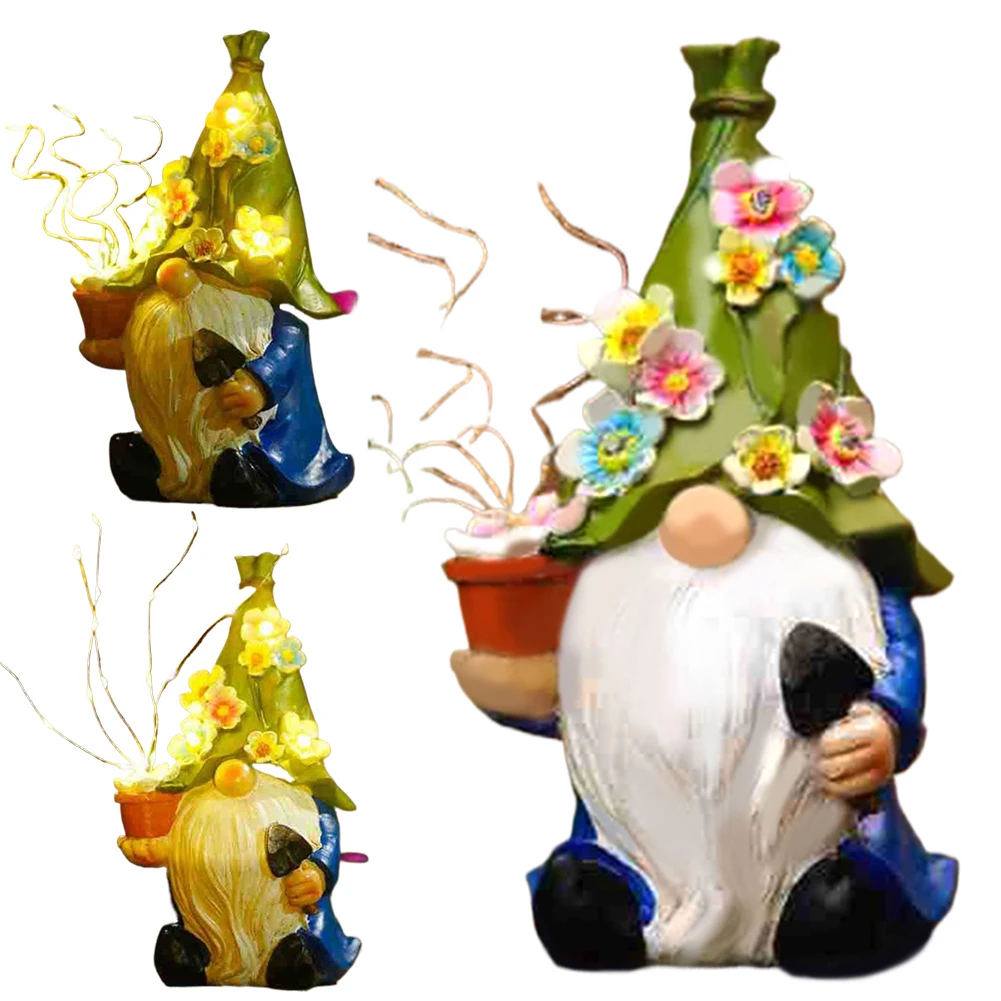 

Funny Gnome Sculpture Holding Pot and Flower with Solar Lights Outdoor Dwarf Statue Lawn Light Gifts for Housewarming Festival