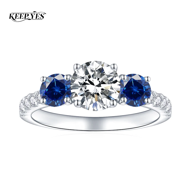 Anillo de Tres Diamantes Moissanite KEEP YES de 1 Quilate y 6.5 mm para Mujer, Zafiro Cultivado en Laboratorio, Anillo de Compromiso y Boda, Plata de Ley 925