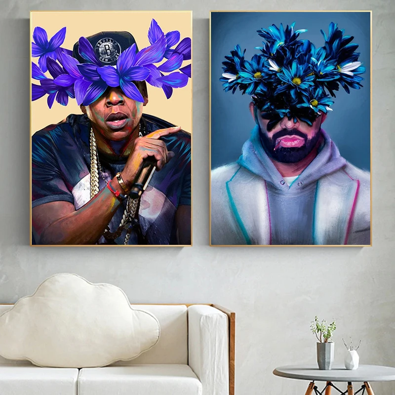 Abstract Hip Hop Rapper Flowers Face Canvas Painting Wall Art Posters Prints Wall Pictures on Canvas for Living Room Home Decor