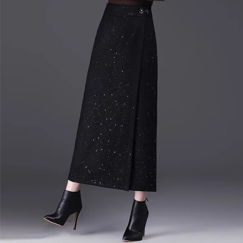 Women High Waist Wrap Midi Skirt Sparkling Sequin Decor Button Detail Straight Long Skirt