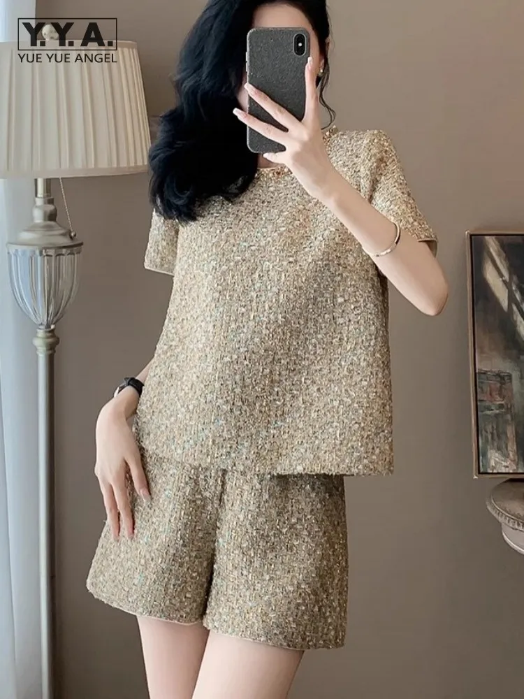 Women Fashion Elegant Short Sleeve Tweed T-Shirt High Waist Shorts Two Piece Set New Summer Casual Office Lady Matching Sets