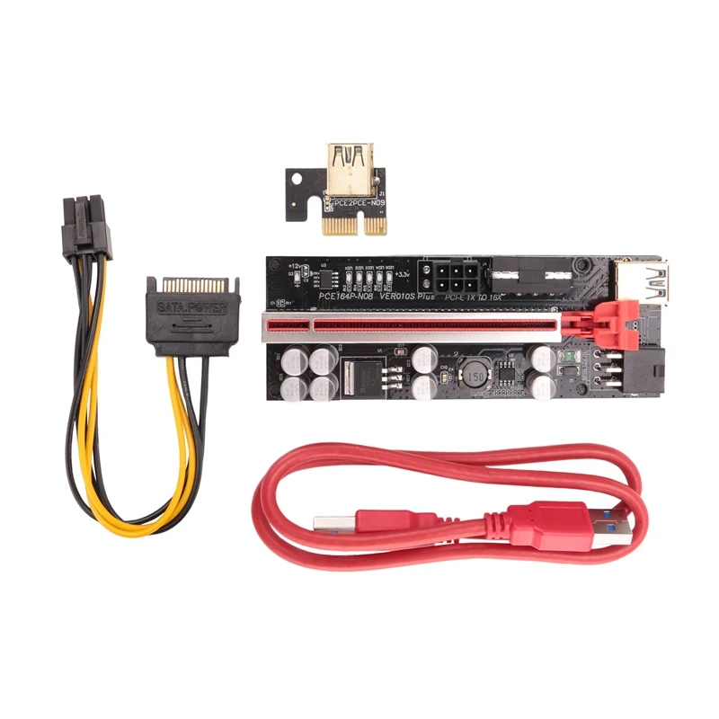 

New 6PCS VER009 Plus SATA Card Adapter With LED Light 8 Solid Capacitors PCIE 1X To 16X PCIE Riser Card USB 3.0 Cable