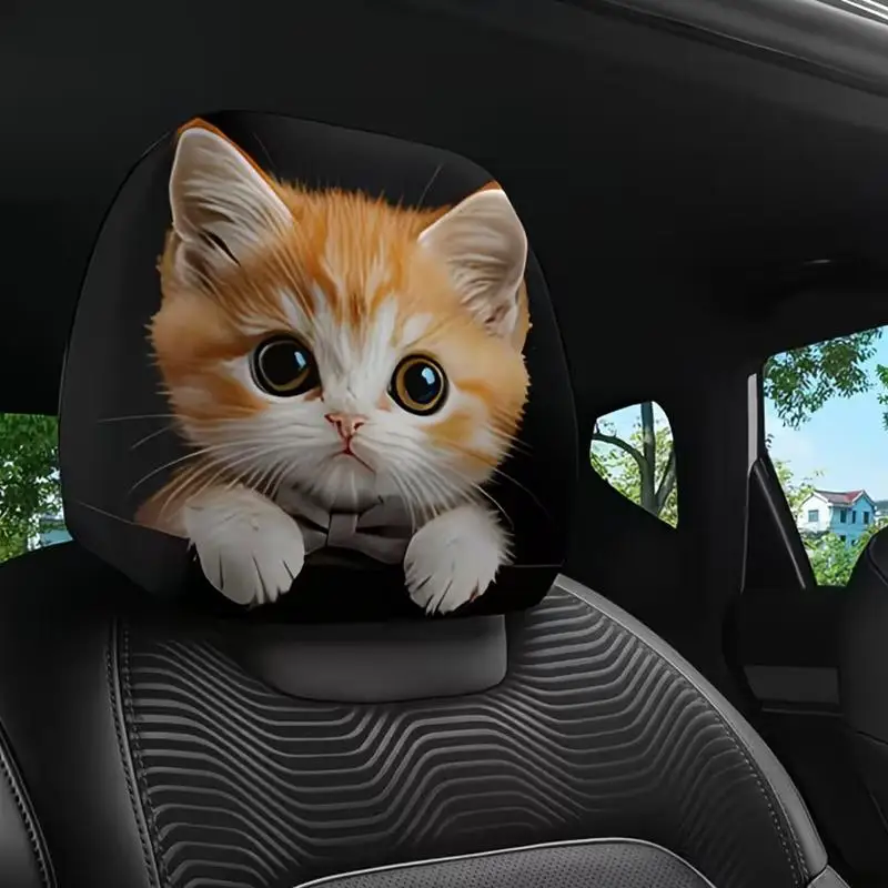 2PC Cute Orange Cat Print Car Headrest Covers, Car Interior Accessories, Soft And Comfortable, Easy To Install And Remove