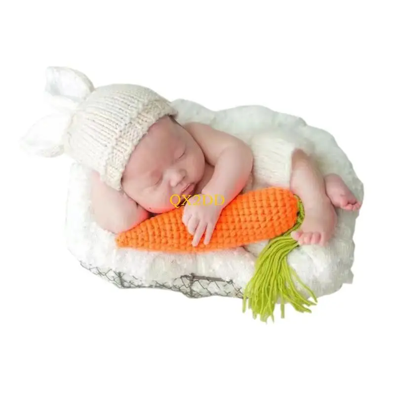 QX2D Photography Props for Baby Boys Girls Unisex Knitting Panties & Hat Carrot Toy Headdress Rabbit Costume Newborn Outfits