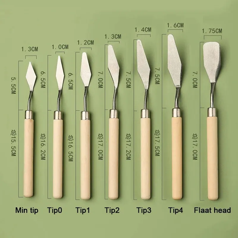 Set di coltelli per tavolozza da 7 pezzi, coltelli per pittura con spatola in acciaio inossidabile, set di coltelli per pallet con manico in legno per kit di pittura a olio