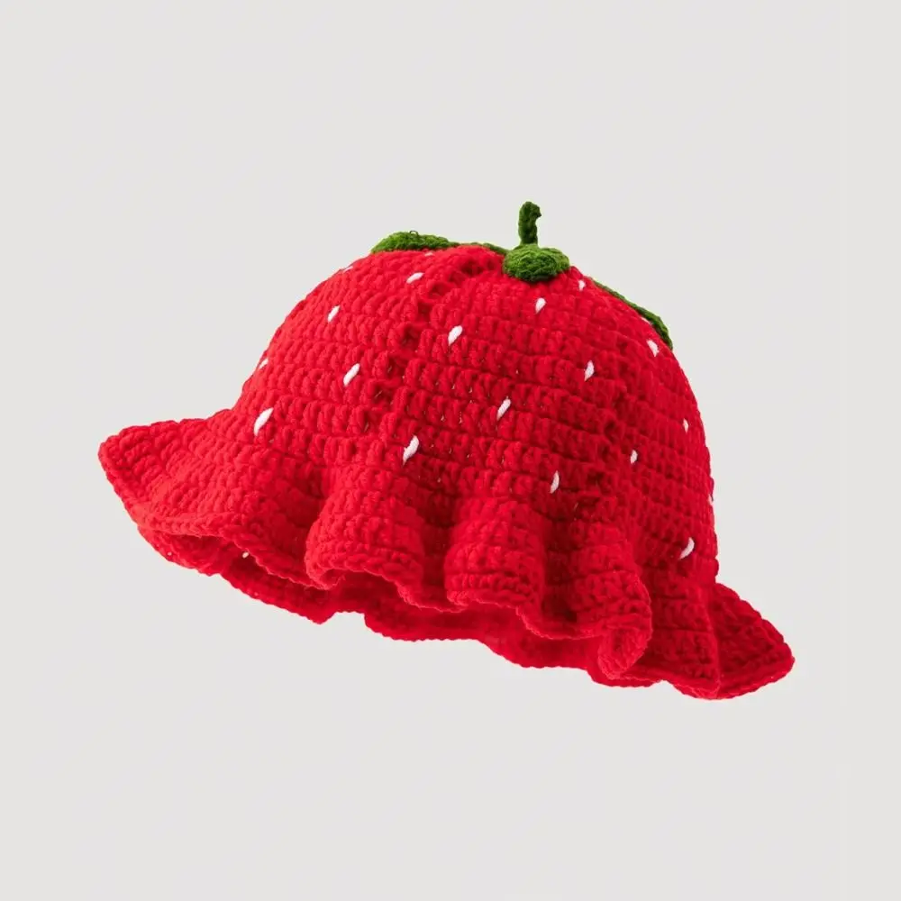 Kawaii Ruffle Strawberry Knitted Hat orange Stretch Knit Fisherman Hat Warm Fruit Shaped Crochet Beanie Cap Female/Girls