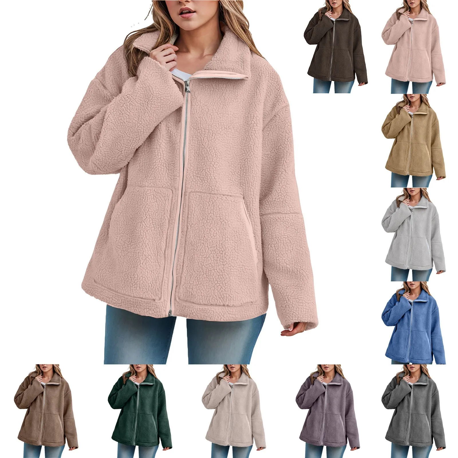

Fall Winter Lamb Wool Jacket For Women New Lapel Long Sleeve Zip Up Coat Female Warm Fleece Outerwears Oversized Jacket 2025