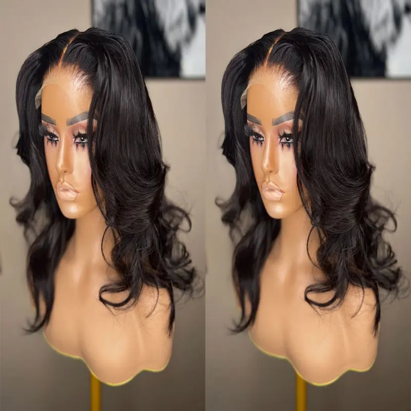 Jet Black Short Body Wave Hair Wig Synthetic Lace Front Wigs High Quality Heat Resistant Fiber Hair Middle Parting For Women Wig