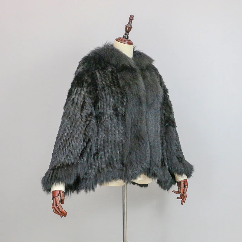 Nuevo Chal de Piel de Conejo Auténtica Tejida Extra Largo con Cuello de Piel de Zorro, Chaqueta de Punto de Moda para Mujer