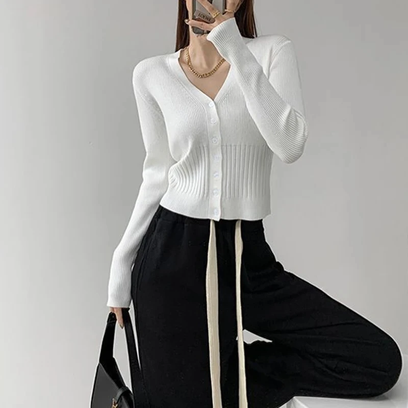 Korean Style Slim Fit Black Cardigan Woman Long Sleeve V Neck Cardigans Women 2024 Chic Solid Color Knitted Crop Tops Female