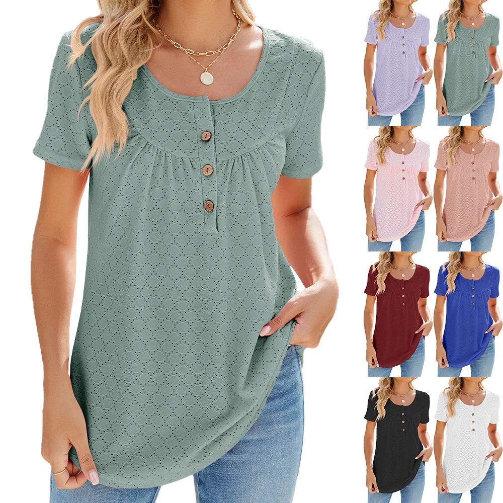 Loose short-sleeved T-shirt for women 2024 Summer new solid color round tie button short-sleeved top for women