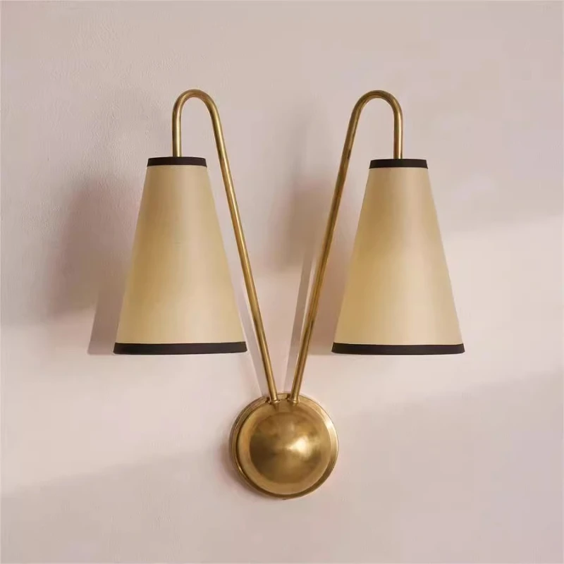 American Art 2-Arm Copper Wall Lamp Cloth Shade Bedroom Living Room Corridor Villa Apartment Interior Wall Decoration LED Score