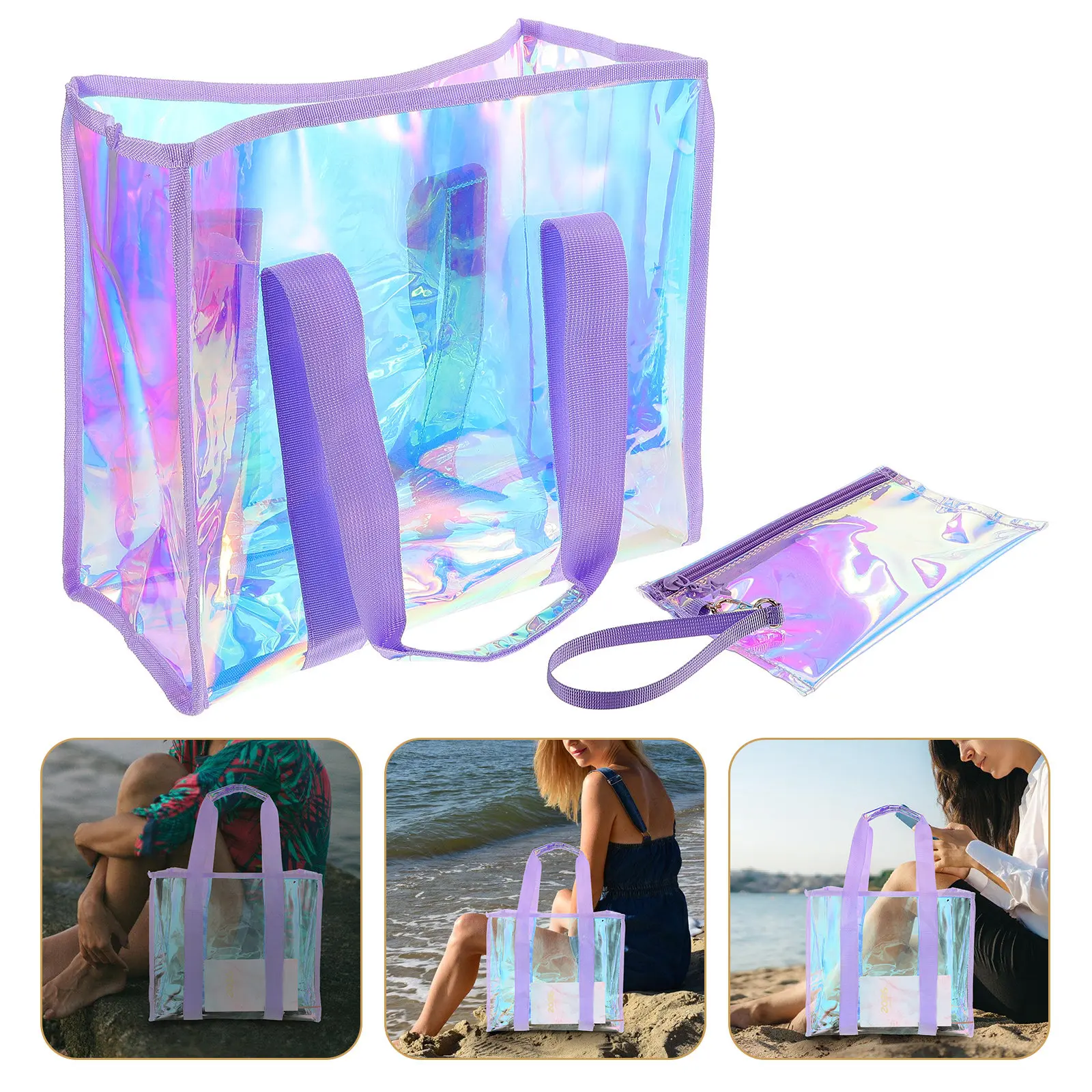 

1Set Waterproof Iridescent PVC Beach Tote Bag Large Capacity Shoulder Bag Pool Storage Swim Travel Clear Holographic Dazzle