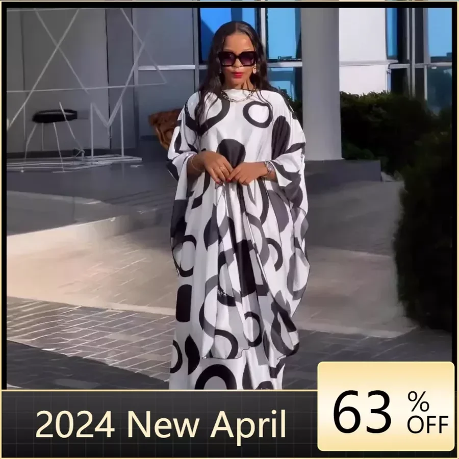 

2024 Fashion African Dresses for Women Traditional Outfit Robe Ankara Chiffon Boubou Gown Muslim Kaftan Maxi Dress And Headscarf