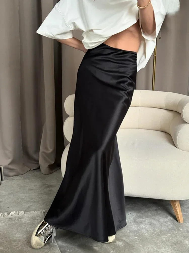 Elegant Silk Slim Satin Midi Skirt High-waisted Long Skirt Women Lady Solid Champagne Black Casual A-line Skirts for Women