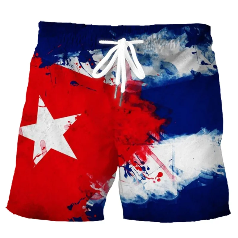 Men's Retro Cuban Flag 3D Printed Beach Shorts, Street Cube Pattern Casual Shorts, Surfboard Quick Drying Summer Shorts