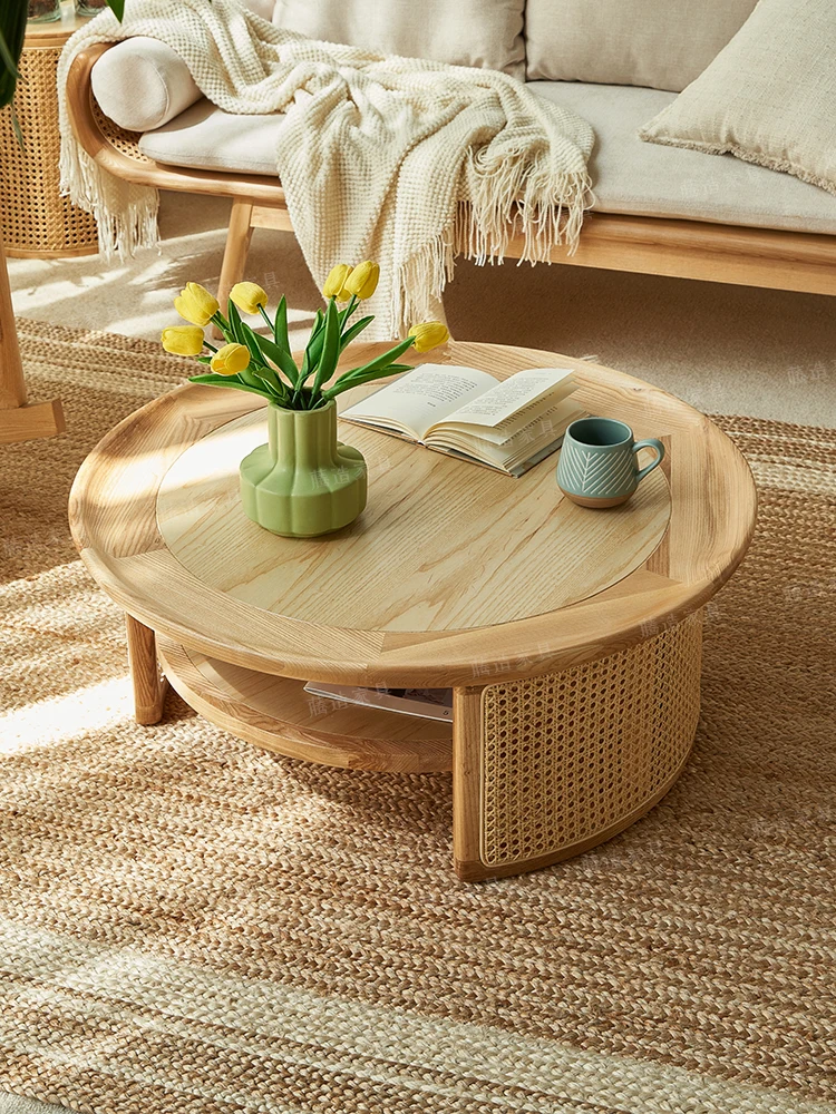 Wabi-sabi style, solid wood, round coffee table, Japanese-style tatami mat, small apartment, rattan tea table, living room,