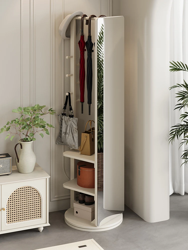 

Solid wood full-length mirror, coat rack integrated small apartment household living room corner mobile storage, rotating floor