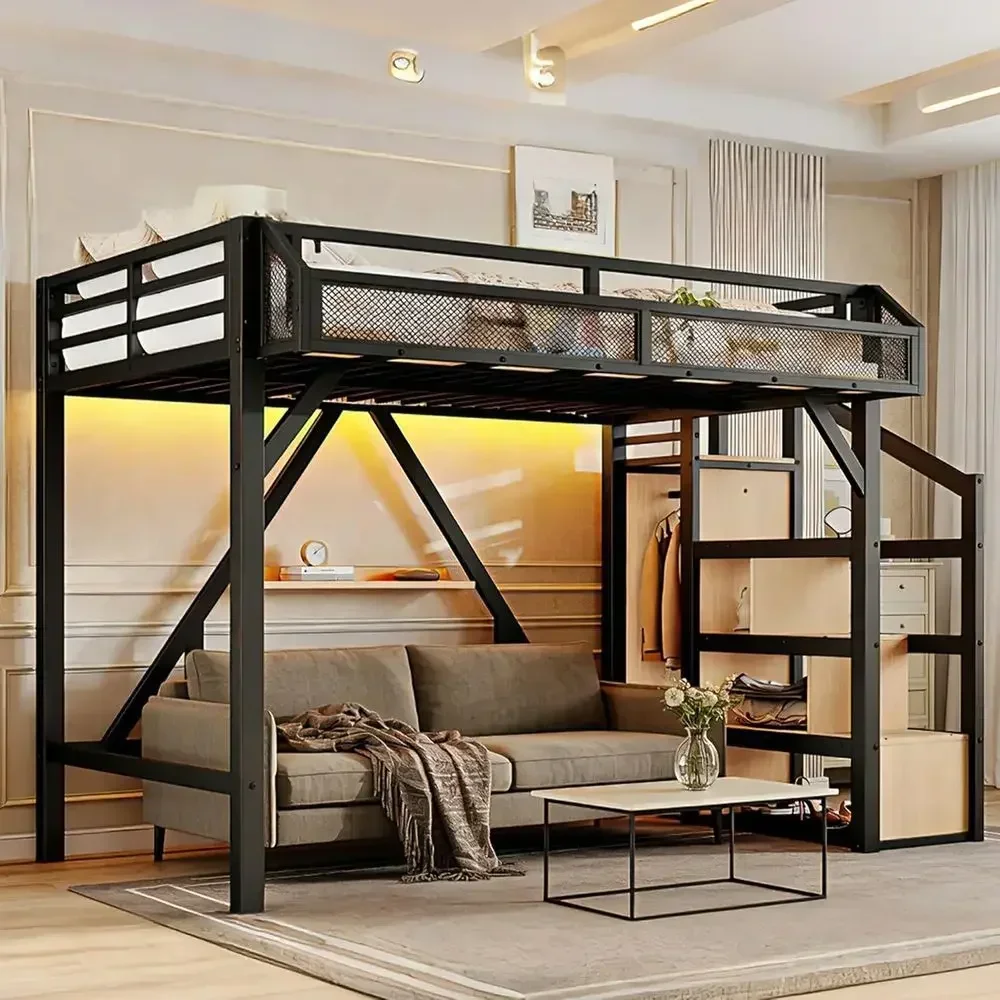 Twin XL Metallbett mit Aufbewahrungstreppen, Seitenregalen, Kleiderschrank, USB-Anschlüssen, LED-Beleuchtung und großem Stauraum unter dem Bett für Erwachsene, Te