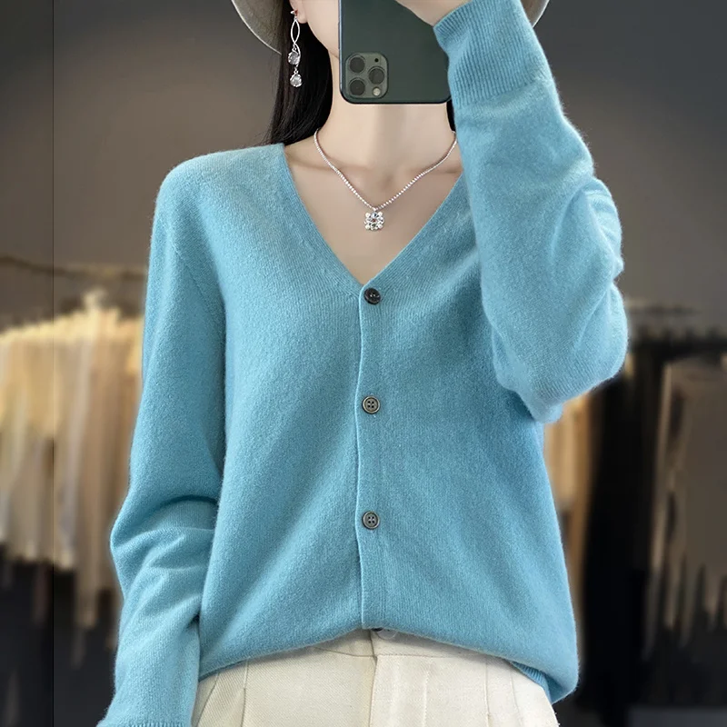 Autumn Winter Women New 100% Merino Wool Sweater V-neck Solid Knitted Cardigan Casual Thick Jacket Loose Soft Knitwear