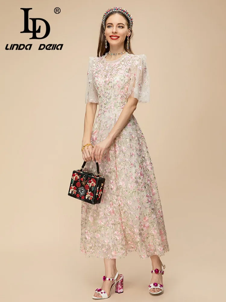 LD LINDA DELLA 2023 New Style Elegant Party Fashion Dress Women's Round Neck High Waist Extravagant Embroidery Splice  Dress