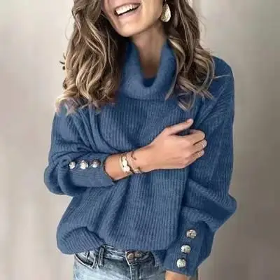 

Women's Long High Need Knitted Sweatirt Spring 2023 Color Cotton 00% Full Sve Overhead Sle Faionable Ladies...