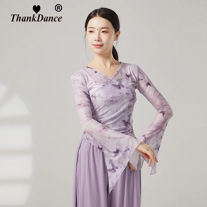 

Horn Sleeve Gauze Shirt Women Classical Mesh Top Printed Transparent Sexy Dancer Practice Wear Performance Suit Hanfu Chinese