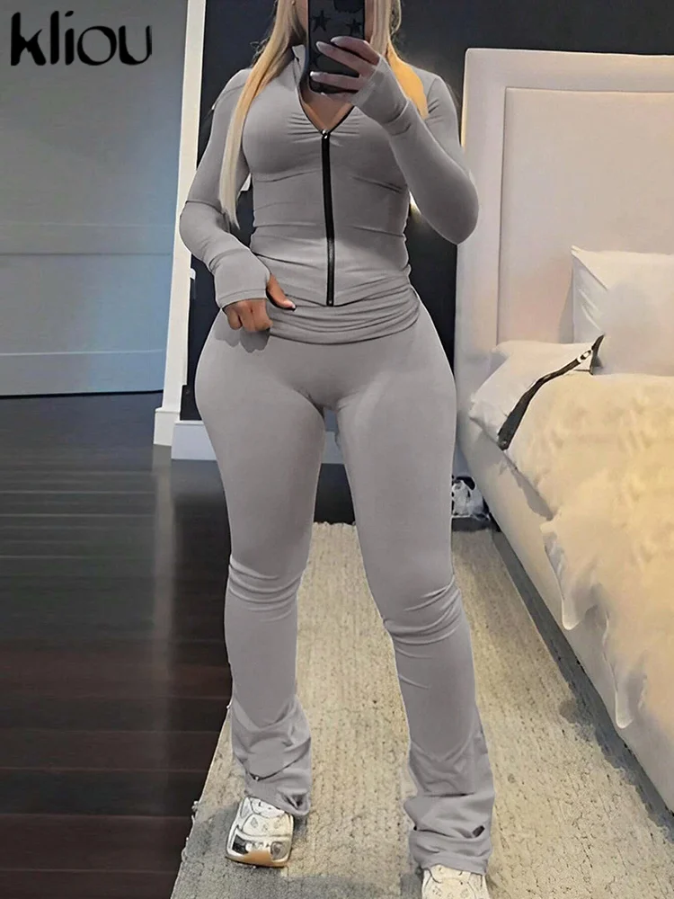 kliou Casual Track Women 2 Piece Set Classic Solid Matching Zip-up Crop Tops+High Waist Slim Pants Female Active Autumn Outfits
