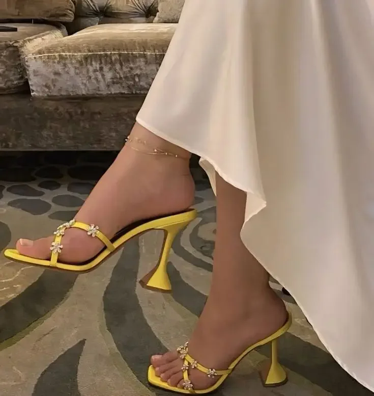 Crystal-embellished Flowers Mules Satin Women's Summer New in Open Toe High Heels Leather Slippers Luxury Designers Party Shoes