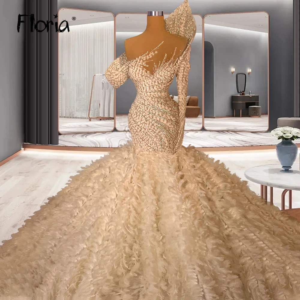 Gorgeous Feathers One Single Sleeve Puffy Prom Gowns Custom Made For Women and Girls Vestidos De Gala African Plus Size Formal