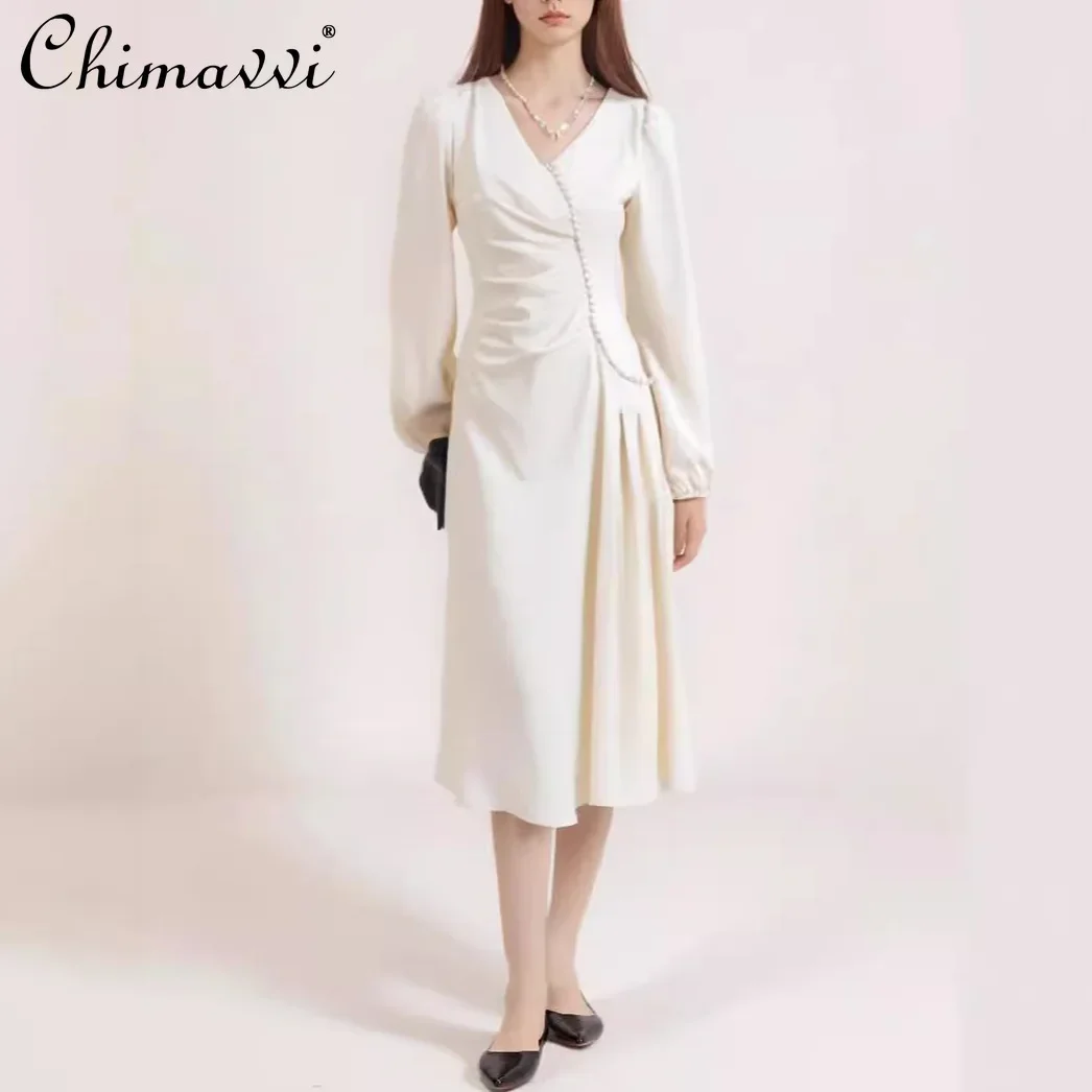 

French Elegant Temperament Handmade Beaded V-neck Puff Sleeves High Waist Slim Fit A-line Casual Commuter Long Dress For Women