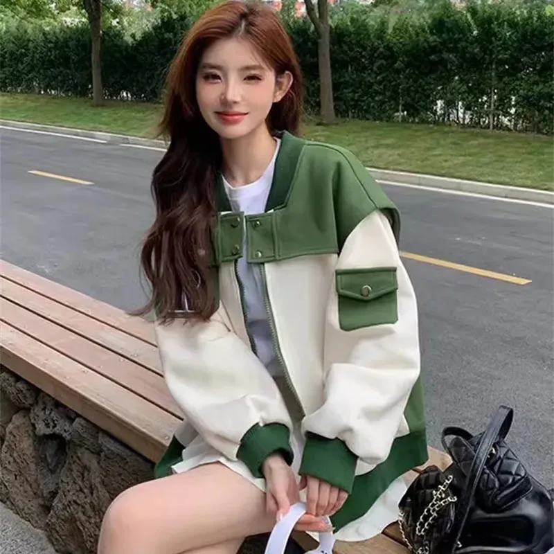 

2025 Female Advanced Long Sleeves Baseball Coat Korean Women Fashion Patchwork Jacket Spring Autumn Lady Contrast Color Outwear