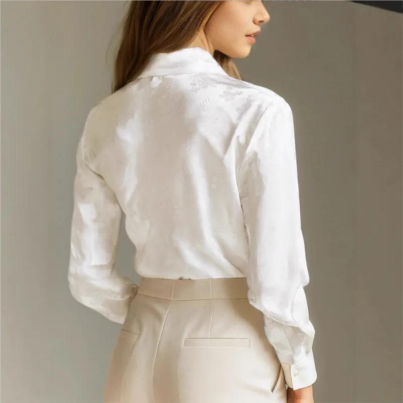 Women's Blouses Spring Fall New Style French High-end Jacquard Dark Pattern Lapel Long-sleeved Black White Shirt For Women Tops