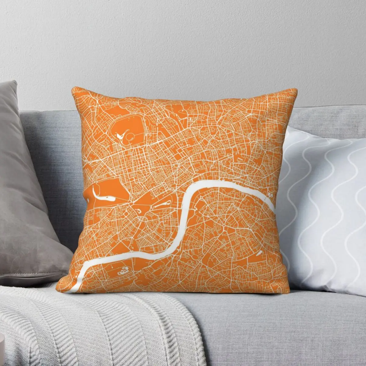 

London Map Orange Square Pillowcase Polyester Linen Velvet Pattern Zip Decorative Bed Cushion Cover