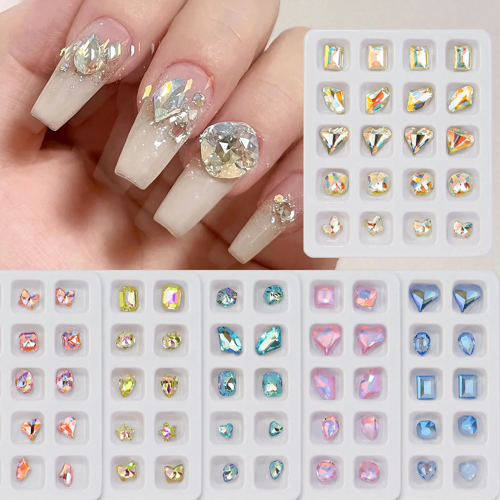 Decoraciones de diamantes de cristal para uñas con fondo puntiagudo, corazón gordo cuadrado, forma mixta, accesorios de joyería de manicura brillante, 20 unids/lote por caja