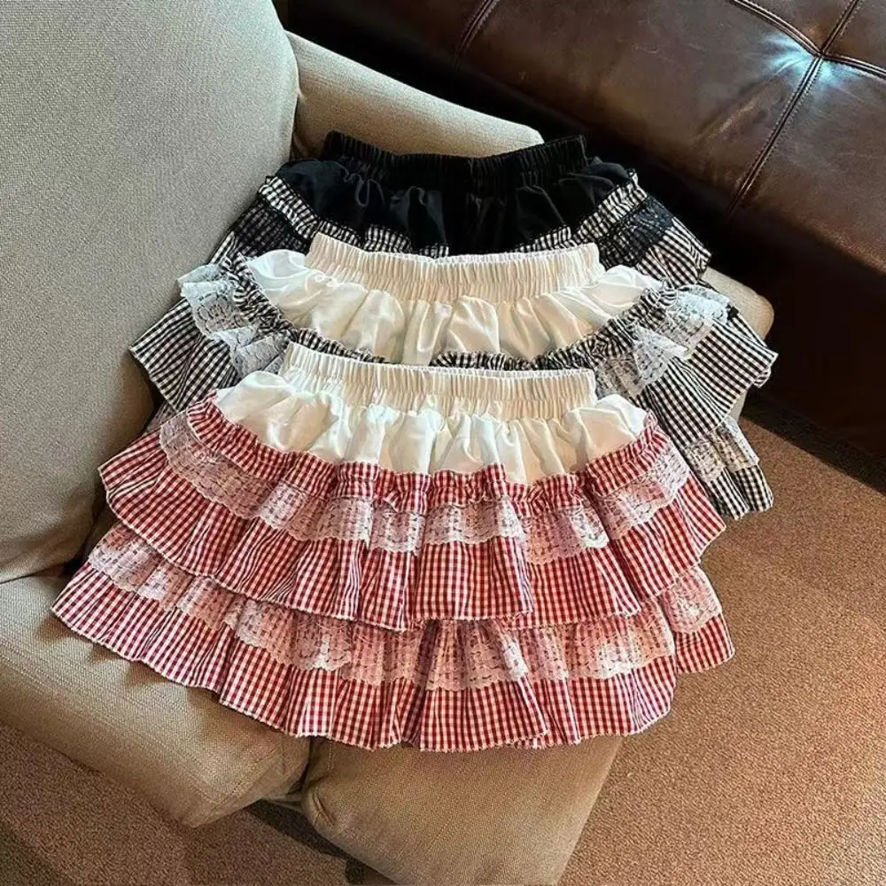 

Lolita Lace Grid Cake Skirt Plaid Stripe High Waist JK A-line Short Skirt Sweet Multi-layer Lace Pleated Mini Skirts Summer