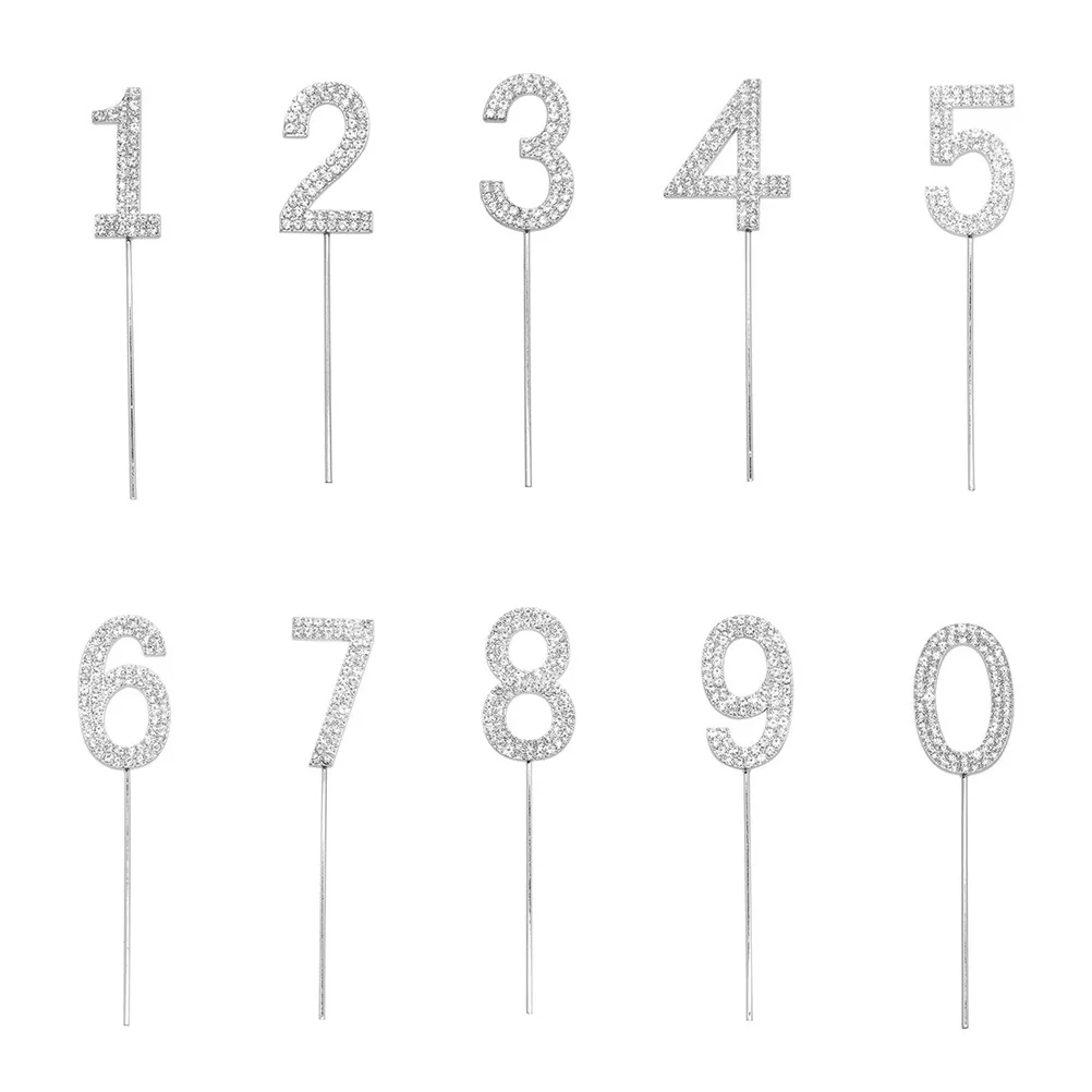 

10 Pcs Digital Cake Picks Rhinestone Decorations Safe Materials Birthday Supplies Cupcake Cake Biscuit Dessert Number Insert