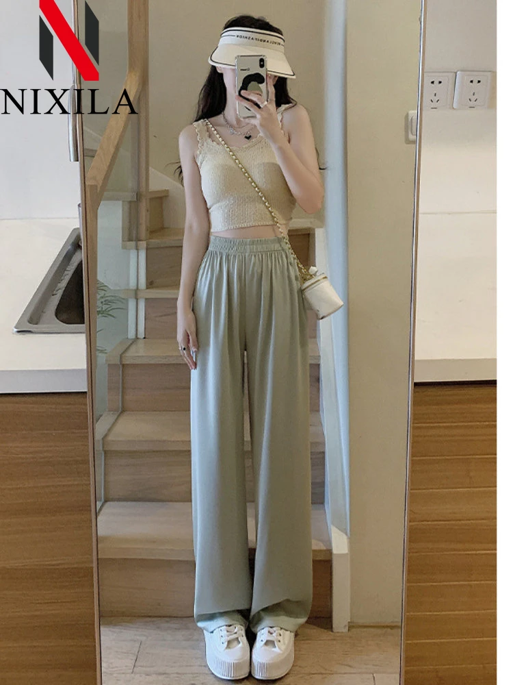 

Summer Silk Satin Women's Pants High Waist Casual Black Korean Fashion Wide Leg Suit Pants for Women Trousers Elegant Sweatpants