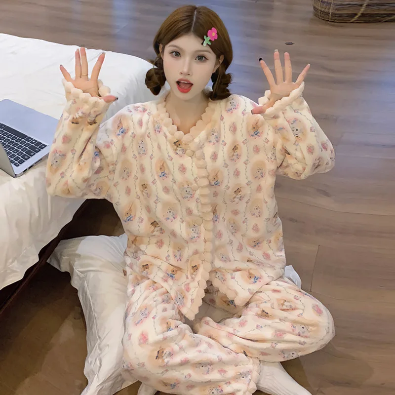 

Женские пижамы из кораллового флиса, осенне-зимняя утепленная удобная одежда для сна, сохраняющая тепло, милая пижама, новая модель, фланелевой домашний костюм
