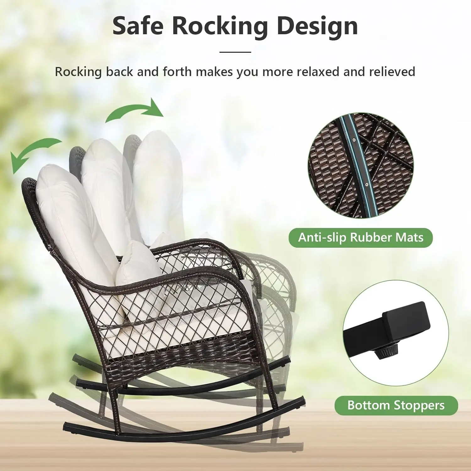 Outdoor Wicker cadeira de balanço, pátio Rattan Rocker com travesseiro lombar, assento acolchoado e almofadas traseiras, Metal Frame móveis