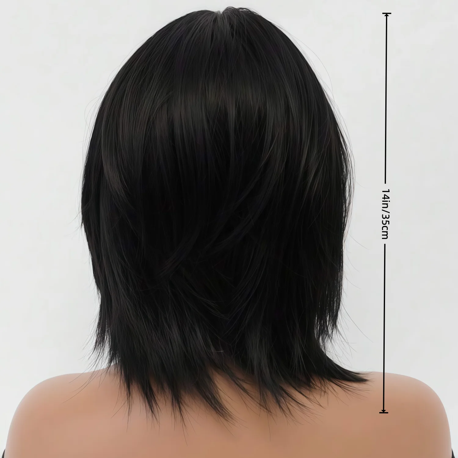 Parrucca corta Bob lunga fino alle spalle con spacco medio nero naturale Parrucca resistente al calore in fibra sintetica traspirante sottile a strati da 14 pollici