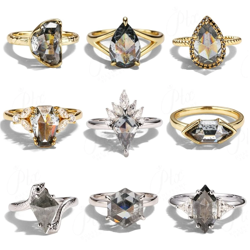 Ring Salt and Pepper Moissanite Diamond Kite Pear Coffin Hexagon Half Moon Cut 925 Silver Wedding Party Jewelry Unique Vintage