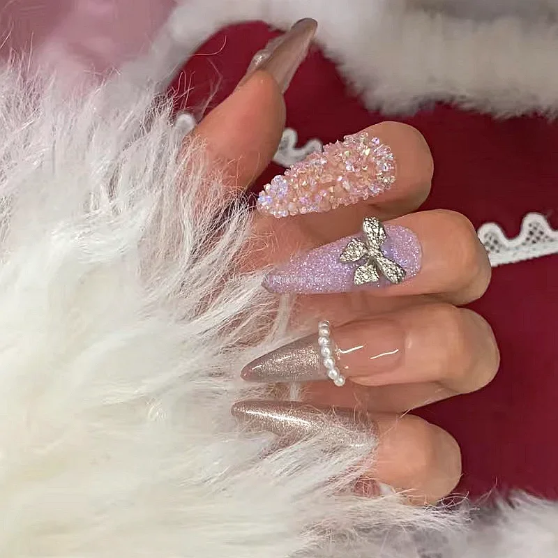 Puntas de uñas postizas hechas a mano con purpurina, lazo, diamantes de imitación, prensado en uñas, Stiletto largo Y2K, ataúd, uñas falsas con pegamento, salón de uñas DIY