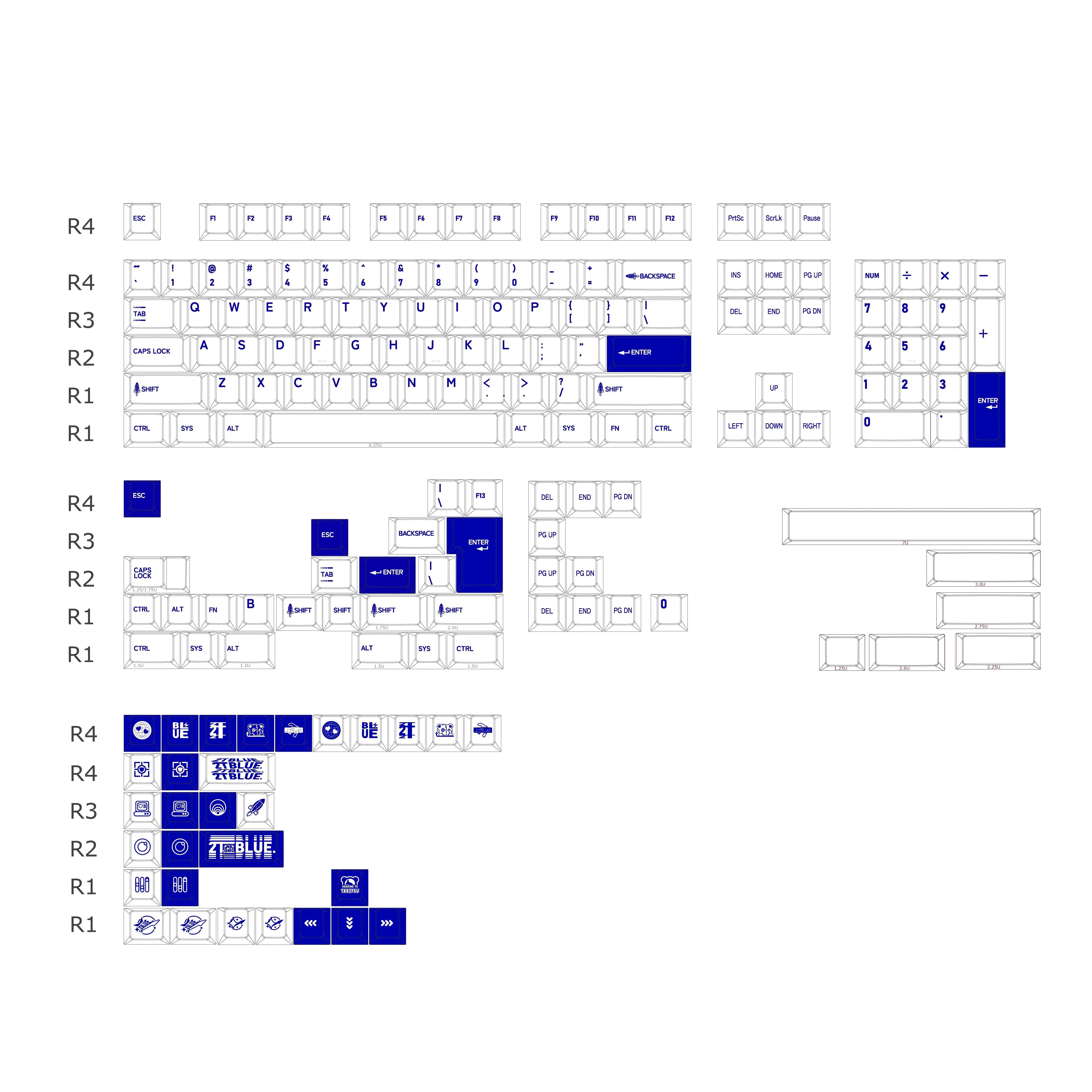 Capuchons de touches de clavier mécanique sans profil, accessoires de touches de remplacement universels ergonomiques, thème bleu, 2T, 174 pièces