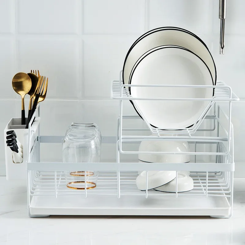 Multifunction Dish Rack Organizer with Drainboard Over Sink Kitchen Organizer Dinnerware Storage Drying Rack Drainer 2-Tier